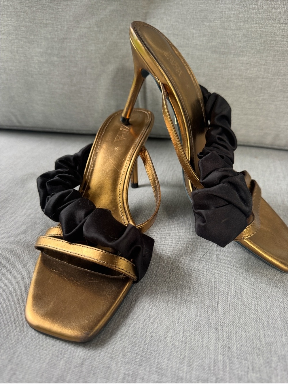 Zara Gold Metallic Stiletto Slides with Black Ruched Strap